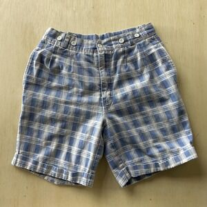 Vintage Zeppelin Chino Shorts Mens 31 Blue Plaid Cotton Buttons 9 Inseam